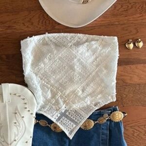 Cindy Jane Boutique White Crochet Lace Smocked Bandana Top